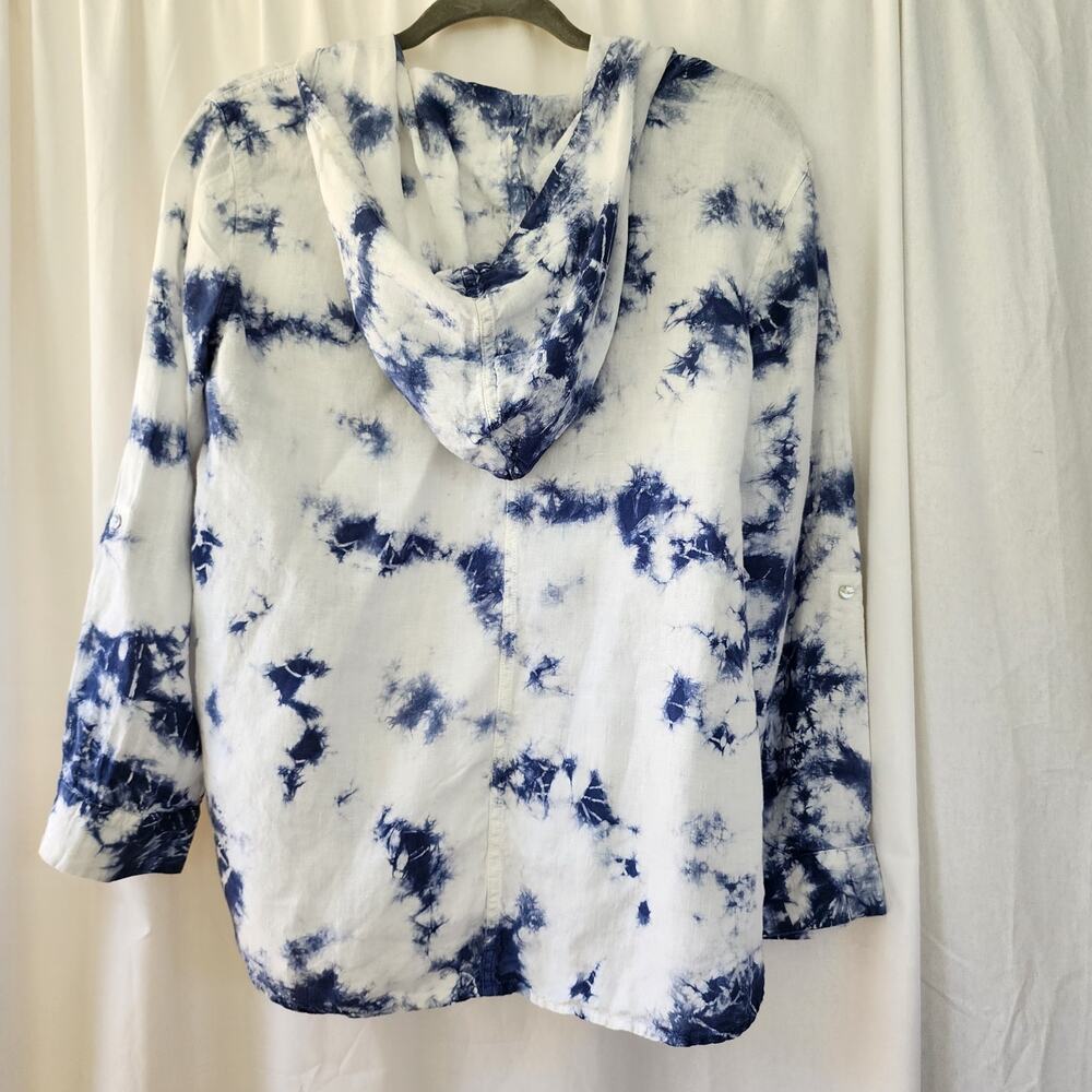 Rachel Zoe 100% linen blue white tie dye hoodie shacket S coastalgrandma Resort - Picture 11 of 11